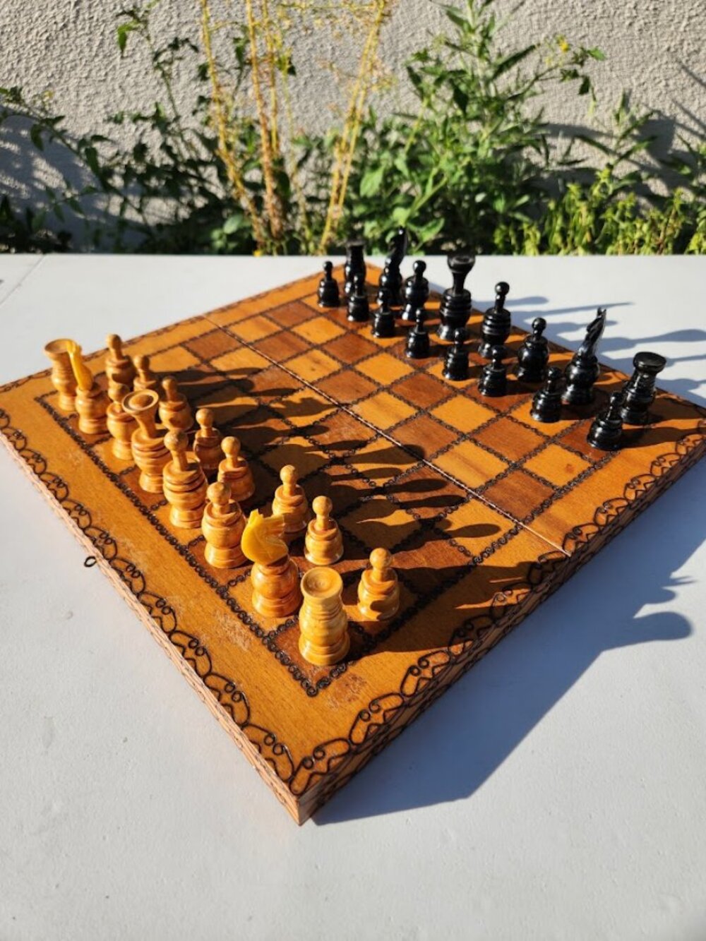 Vintage Handcrafted European Wooden Chess Set Ornate Pyrography Wood Burned Fold
